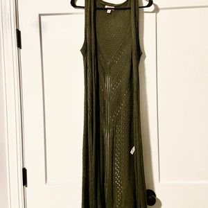 Olive Green Crochet Sleeveless Duster Cardigan